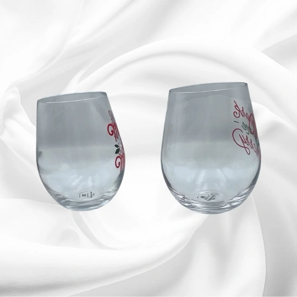 Holiday Stemless Wine Glass Set with Festive Red and Green Merry Designs NWT